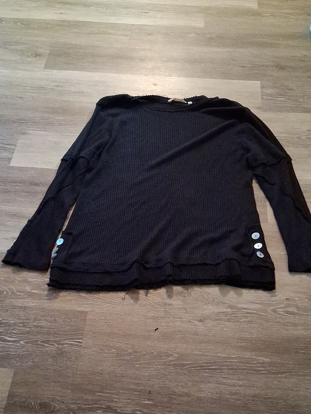 Soft Surroundings Black Waffle-Knit Button-Hem Crew Sweater